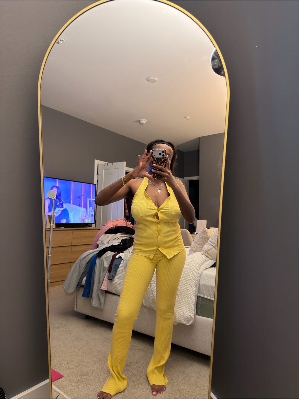 Yellow Ribbed Knit Two Piece Set
